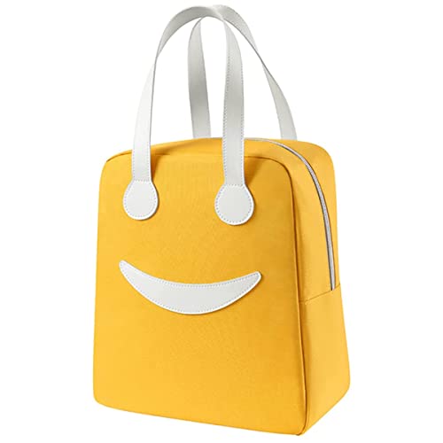 BAGSWORKS Insulated Canvas Smiley Lunch Bags with Aluminum Lining | Lunch Bag for School Office Travel Tiffin Thermal Food Cooler Bags Picnic for Kids Men Women | Leakproof Hot/Cold (Yellow)