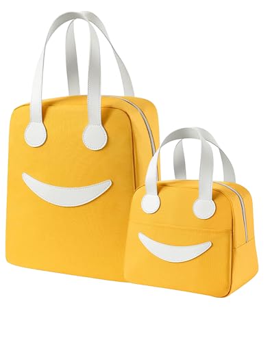 BAGSWORKS Insulated Canvas Smiley Lunch Bags with Aluminum Lining | Lunch Bag for School Office Travel Tiffin Picnic Bags for Kids Men Women | Leakproof Hot/Cold(Combo) (Yellow)