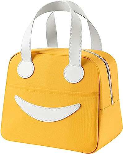 BAGSWORKS Insulated Canvas Smiley Lunch Bags with Aluminum Lining | Lunch Bag for School Office Travel Tiffin Picnic Bag for Kids Men Women | Leakproof Hot/Cold(Small) (Yellow)