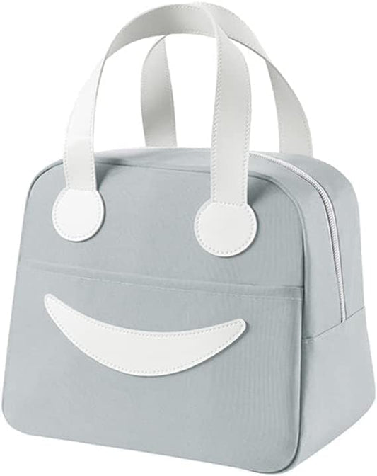 BAGSWORKS Insulated Canvas Smiley Lunch Bags with Aluminum Lining | Lunch Bag for School Office Travel Tiffin Picnic Bag for Kids Men Women | Leakproof Hot/Cold(Small) (Grey)
