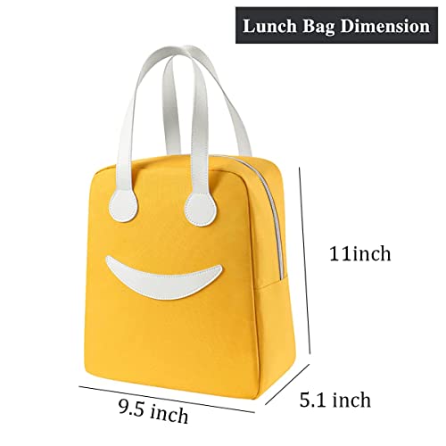 BAGSWORKS Insulated Canvas Smiley Lunch Bags with Aluminum Lining | Lunch Bag for School Office Travel Tiffin Thermal Food Cooler Bags Picnic for Kids Men Women | Leakproof Hot/Cold (Yellow)