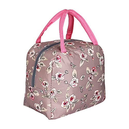 Bagsworks Insulated Reusable Nylon Lunch Bag Tote Bag for Women, Printed Lunch Bag for School, Picnic, Office, Outdoor, Gym (Pink)
