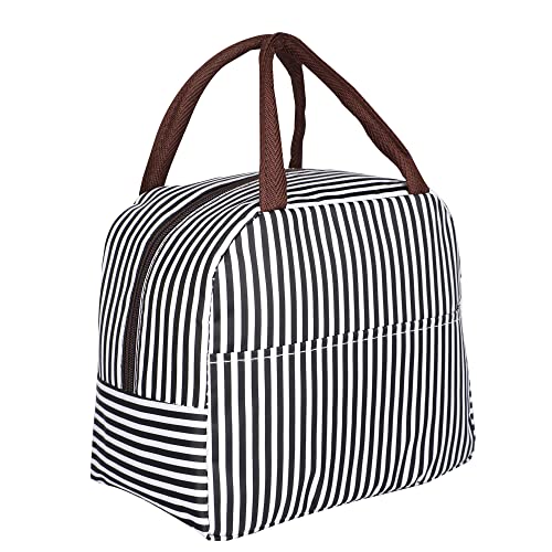 Bagsworks Insulated Reusable Nylon Lunch Bag Tote Bag for Women, Printed Lunch Bag for School, Picnic, Office, Outdoor, Gym (Black-White)