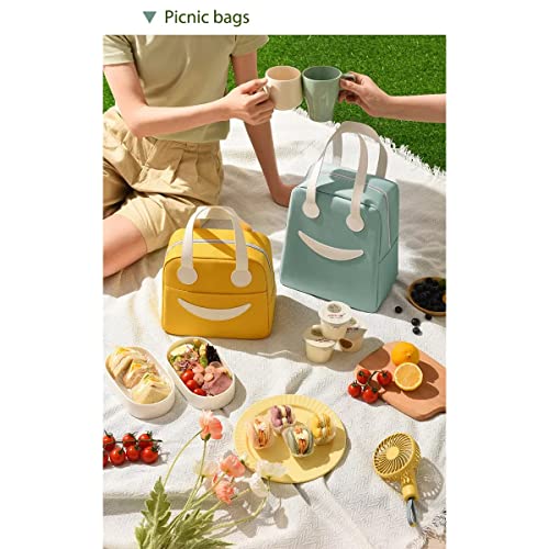 BAGSWORKS Insulated Canvas Smiley Lunch Bags with Aluminum Lining | Lunch Bag for School Office Travel Tiffin Thermal Food Cooler Bags Picnic for Kids Men Women | Leakproof Hot/Cold (Yellow)
