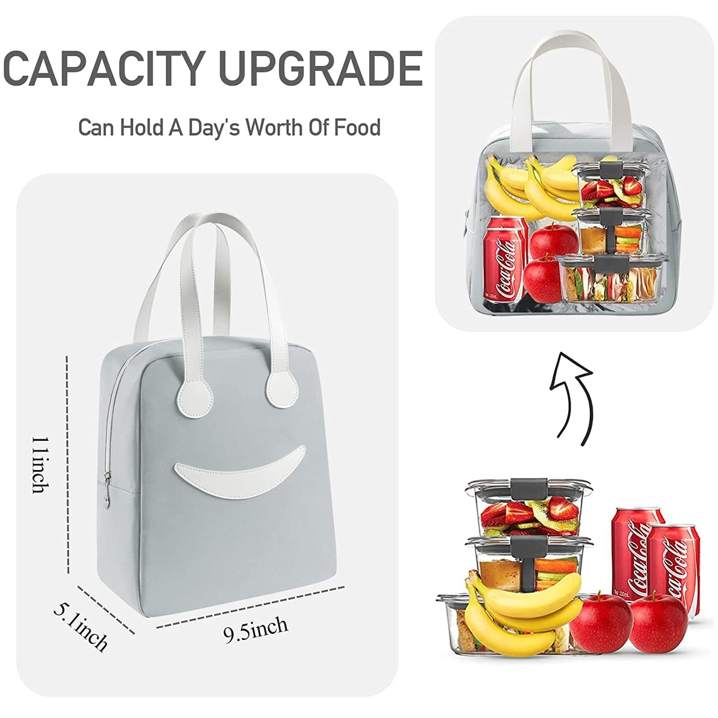 BAGSWORKS Insulated Canvas Smiley Lunch Bags with Aluminum Lining | Lunch Bag for School Office Travel Tiffin Picnic Bags for Kids Men Women | Leakproof Hot/Cold(Combo) (Grey)