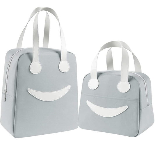 BAGSWORKS Insulated Canvas Smiley Lunch Bags with Aluminum Lining | Lunch Bag for School Office Travel Tiffin Picnic Bags for Kids Men Women | Leakproof Hot/Cold(Combo) (Grey)