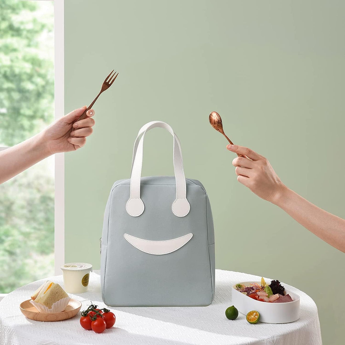 BAGSWORKS Insulated Canvas Smiley Lunch Bags with Aluminum Lining | Lunch Bag for School Office Travel Tiffin Picnic Bags for Kids Men Women | Leakproof Hot/Cold(Combo) (Grey)