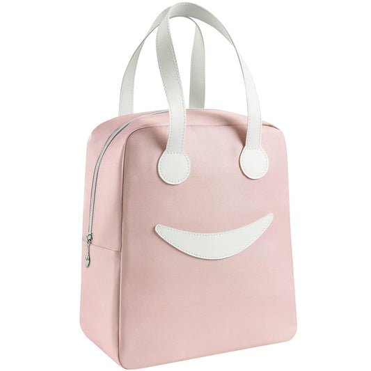 BAGSWORKS Insulated Canvas Smiley Lunch Bags with Aluminum Lining | Lunch Bag for School Office Travel Tiffin Thermal Food Cooler Bags Picnic for Kids Men Women | Leakproof Hot/Cold (Pink)