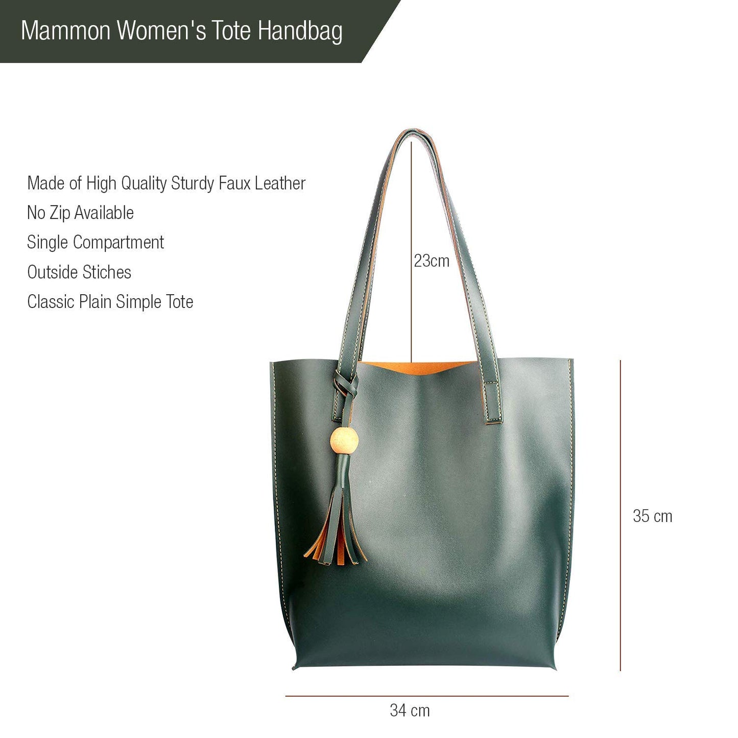 BAGSWORKS Women Tote Bag | Handbag | College Bag | Plain Shoulder Bag | Shopping Bag | Girls (Green)