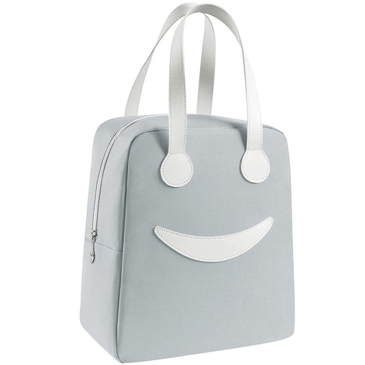 BAGSWORKS Insulated Canvas Smiley Lunch Bags with Aluminum Lining | Lunch Bag for School Office Travel Tiffin Thermal Food Cooler Bags Picnic for Kids Men Women | Leakproof Hot/Cold (Grey)
