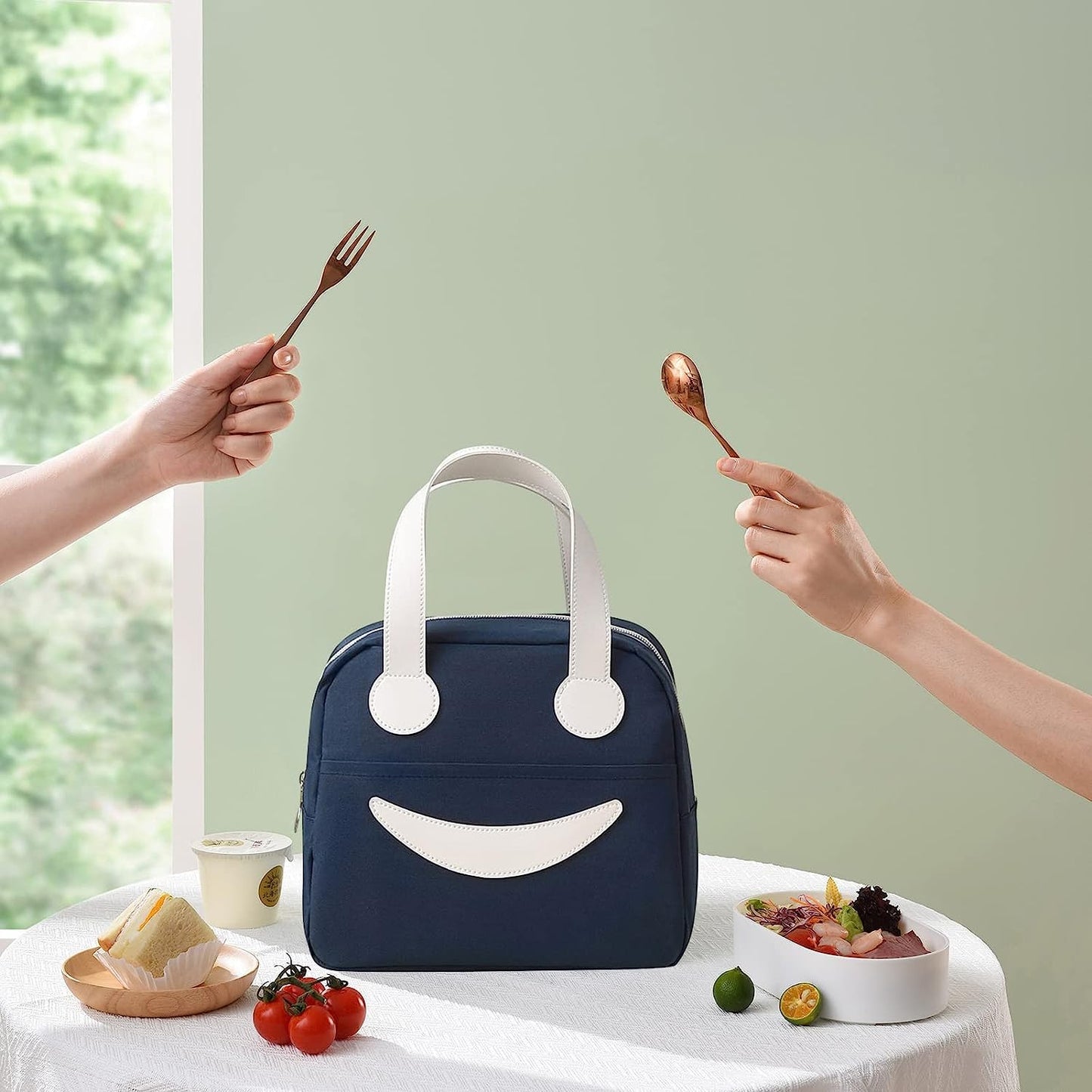 BAGSWORKS Insulated Canvas Smiley Lunch Bags with Aluminum Lining | Lunch Bag for School Office Travel Picnic Bag for Kids Men Women | Leakproof Hot/Cold(Small) (Navy Blue)