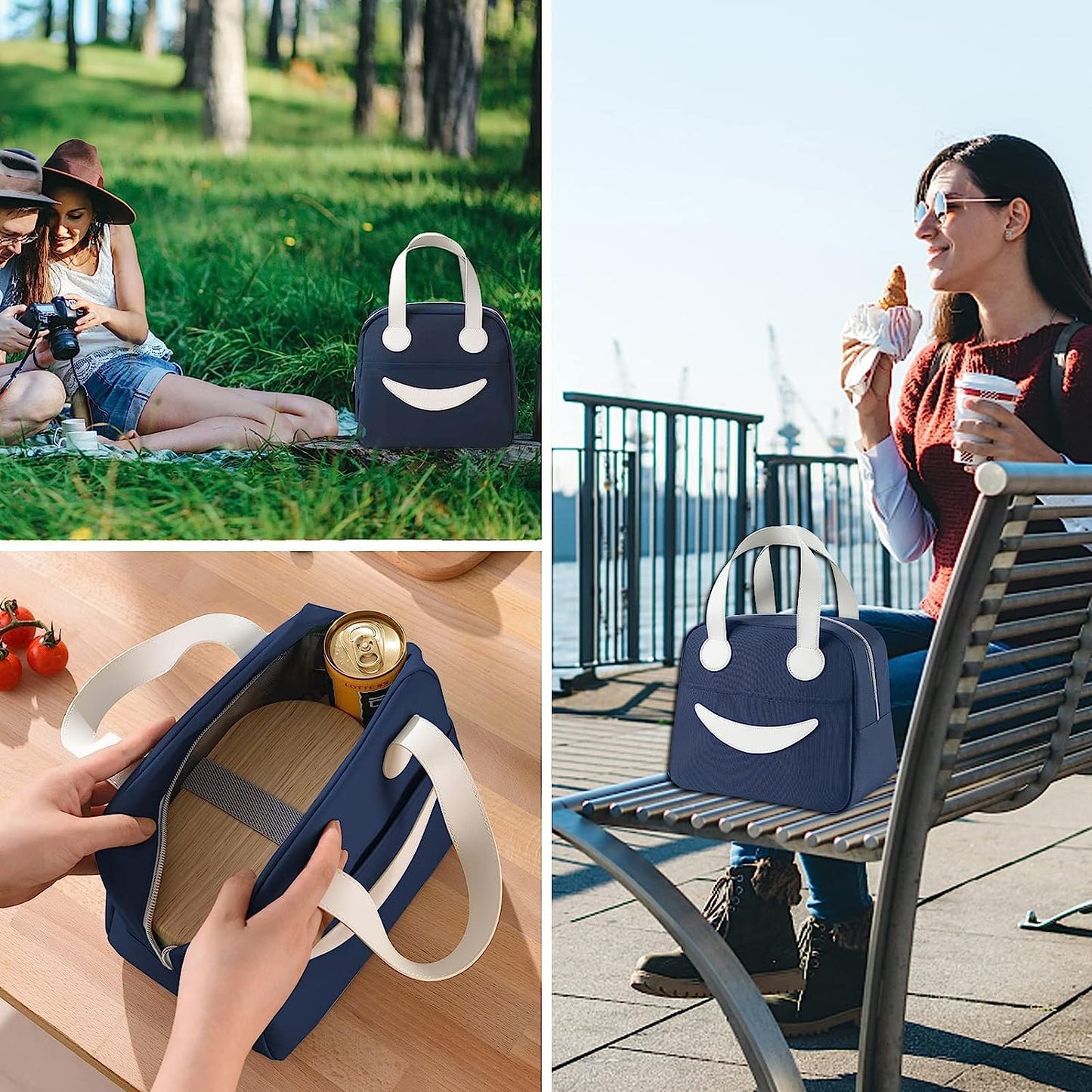 BAGSWORKS Insulated Canvas Smiley Lunch Bags with Aluminum Lining | Lunch Bag for School Office Travel Picnic Bag for Kids Men Women | Leakproof Hot/Cold(Small) (Navy Blue)
